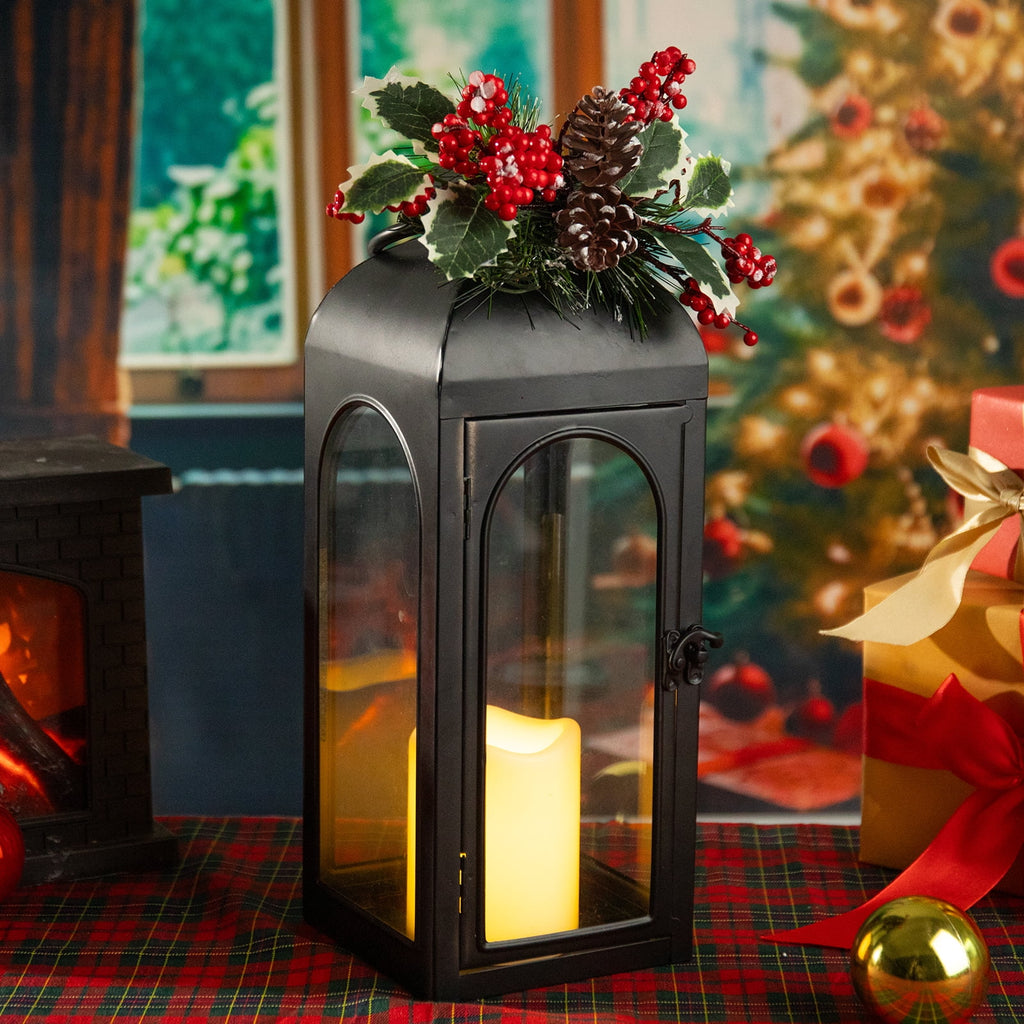 Christmas Decorative Lantern with LED Flameless Candle & Holiday Greenery,Black Metal Lantern with LED Candle Lit Decorations,Christmas Decor