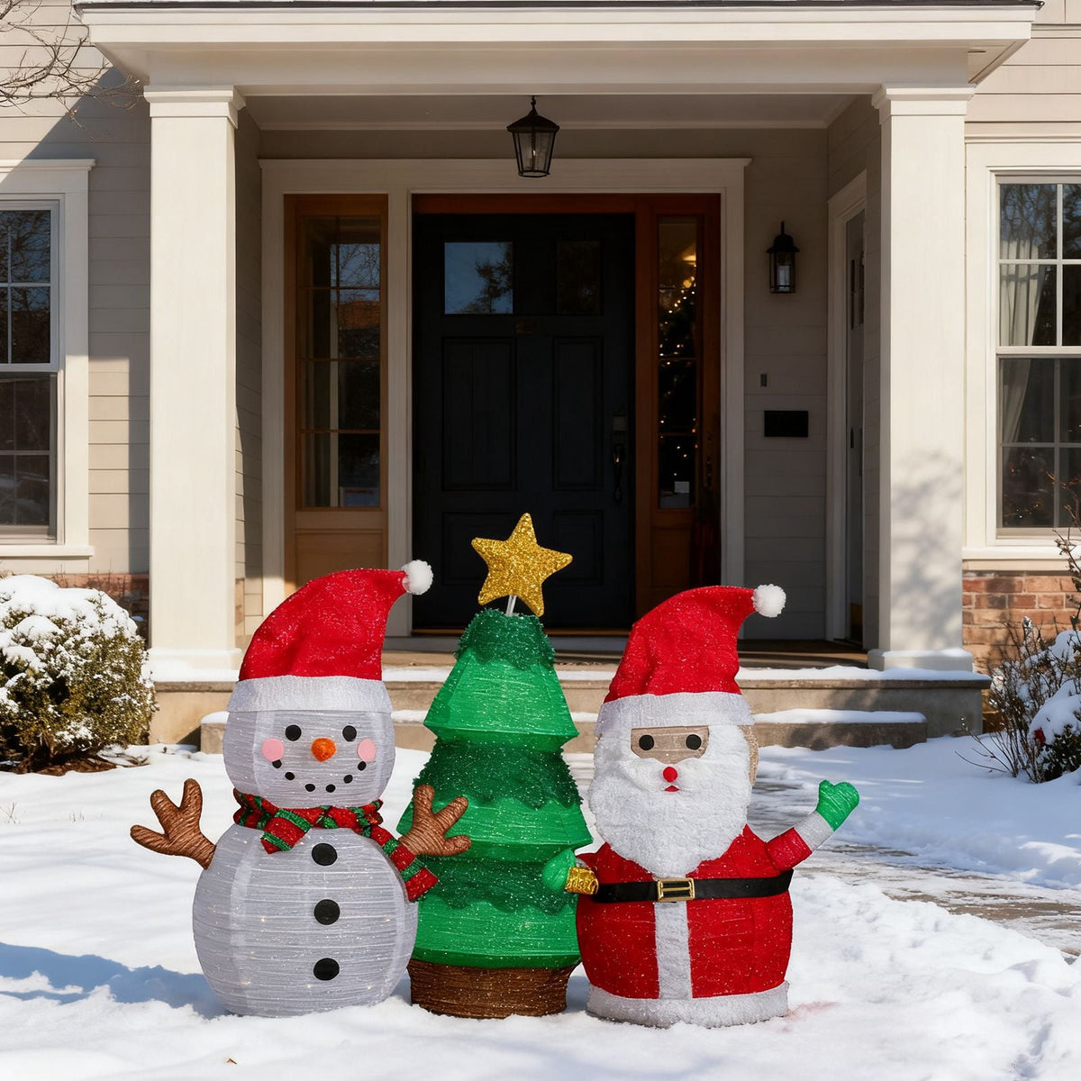 Set of 3 Lighted Santa and Snowman and Xmas Tree Christmas Decorations, Pre-lit Pull Up Holiday Decor with 150 Warm White LED Lights for Xmas Outdoor Indoor Decor Lighted Holiday Displays