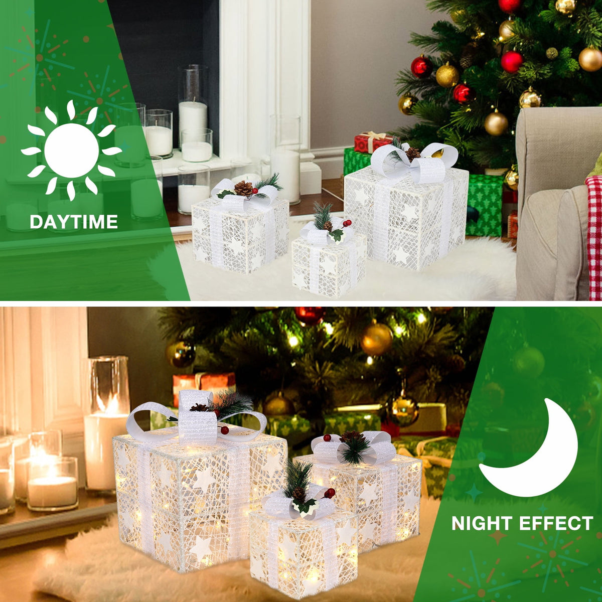 Set of 3 Christmas Lighted Gift Boxes Decorations, Seizeen Indoor Outdoor Xmas Decor with 60 Warm LED Lights, Home Room Garden Christmas Tree Decoration