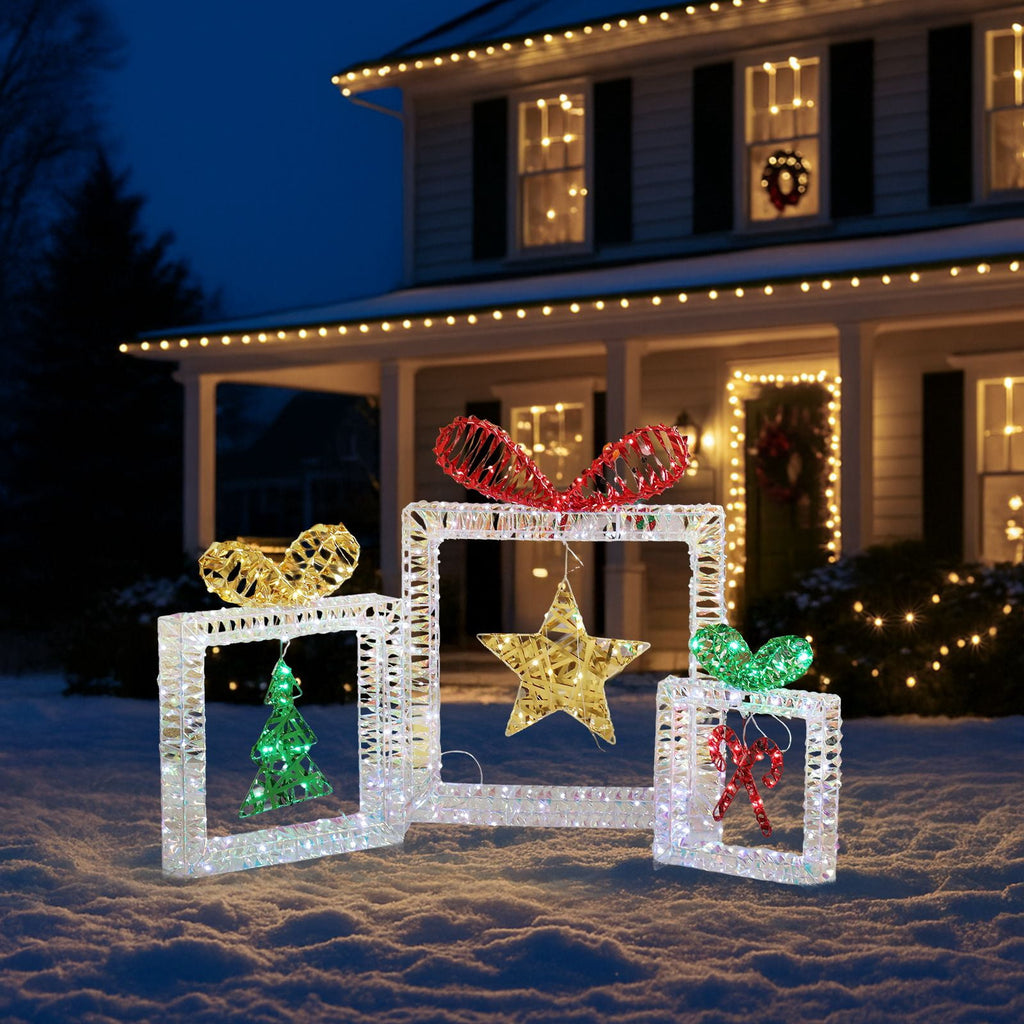 Set of 3 Lighted Iridescent Cut-out Gift Box Christmas Decorations, Pre-lit Holiday Decor with 357 White LED Lights for Xmas Outdoor Indoor Decor Lighted Holiday Displays