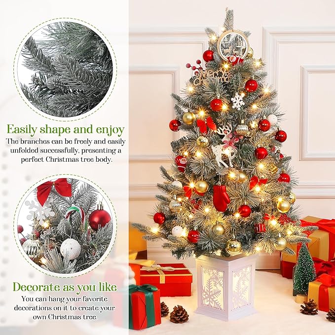 2 Pack 3FT Faux Frost Christmas Tree with Snowflake Light Box Base with 70PCS UL Listed 8 Mode Warm White Light Beads, Red Berry for Front Door, Porch, Entryway, Fireside Christmas Decoration