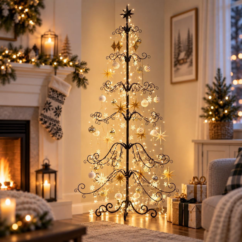 Barton Wrought Iron Christmas Tree Ornament Display Stand, 6.4' Metal Holder with 138 Hooks, Black
