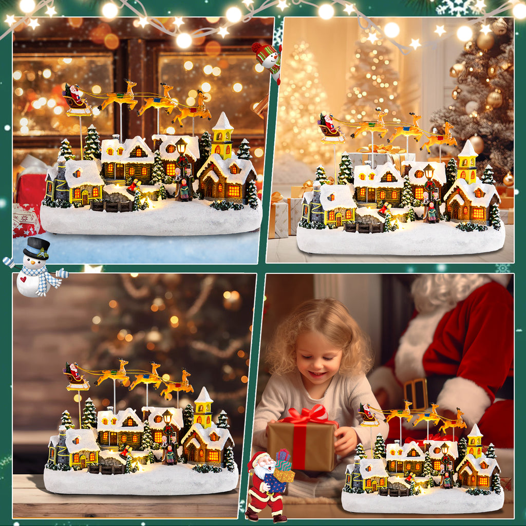 Christmas Village Decor with Rotating Santa & Reindeer,LED Lighting House Crafts Decoration for Home Holiday Christmas Decoration