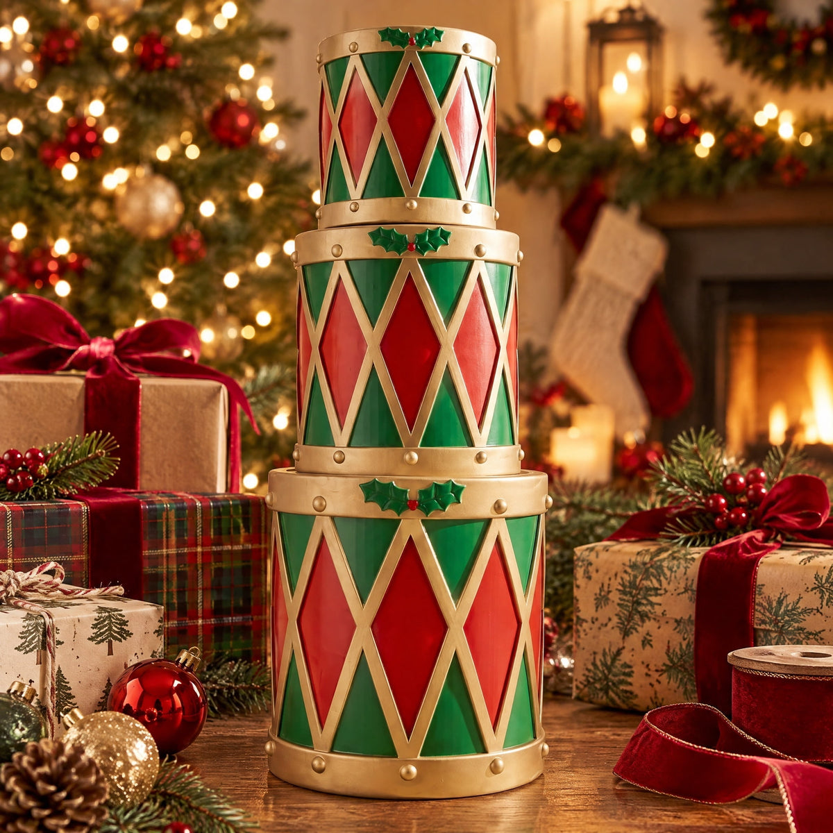 Blow Mold Stacked Drums Christmas Decoration, Red/Green/Gold, 33", by 