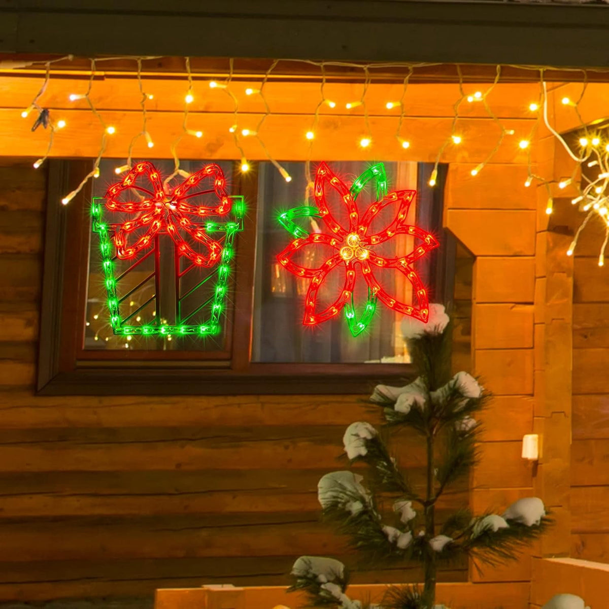 2PACK Lighted Poinsettia Flower and Xmas Gift Christmas Window Silhouette Decoration Lights for Christmas,Party,Home,Patio Lawn,Garden