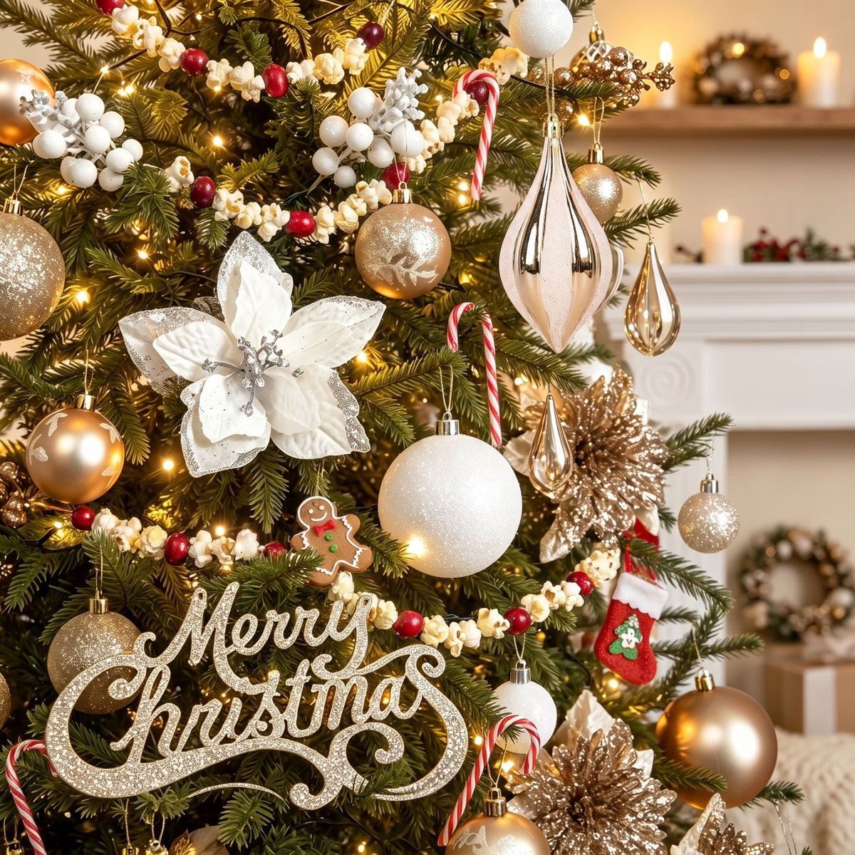  95 Pcs Christmas Tree Ornaments Set, Christmas Poinsettia Flowers Shatterproof Clear Plastic Baubles with Light for Home Holiday Wedding Party Xmas Tree Decor, Champagne
