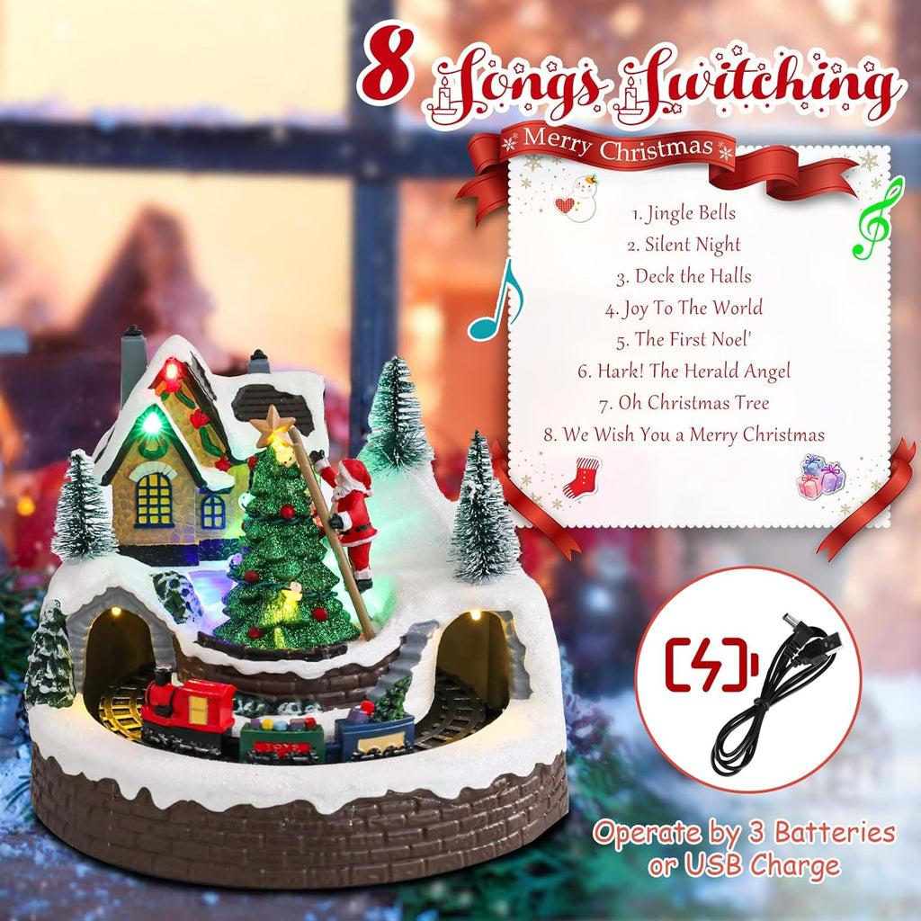 WONDER GARDEN Christmas Village Houses Collectible Buildings - Moving Train Around The Christmas Tree,Warm Light Musical Christmas Ornaments for Christmas Holiday Decorations