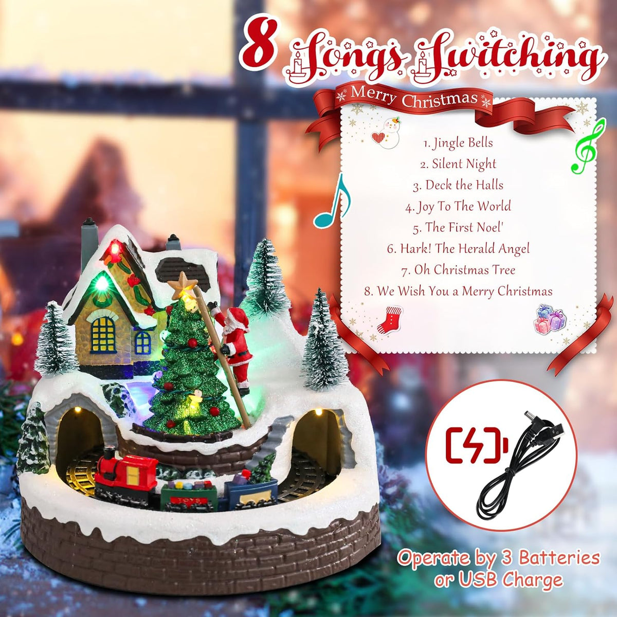 WONDER GARDEN Christmas Village Houses Collectible Buildings - Moving Train Around The Christmas Tree,Warm Light Musical Christmas Ornaments for Christmas Holiday Decorations
