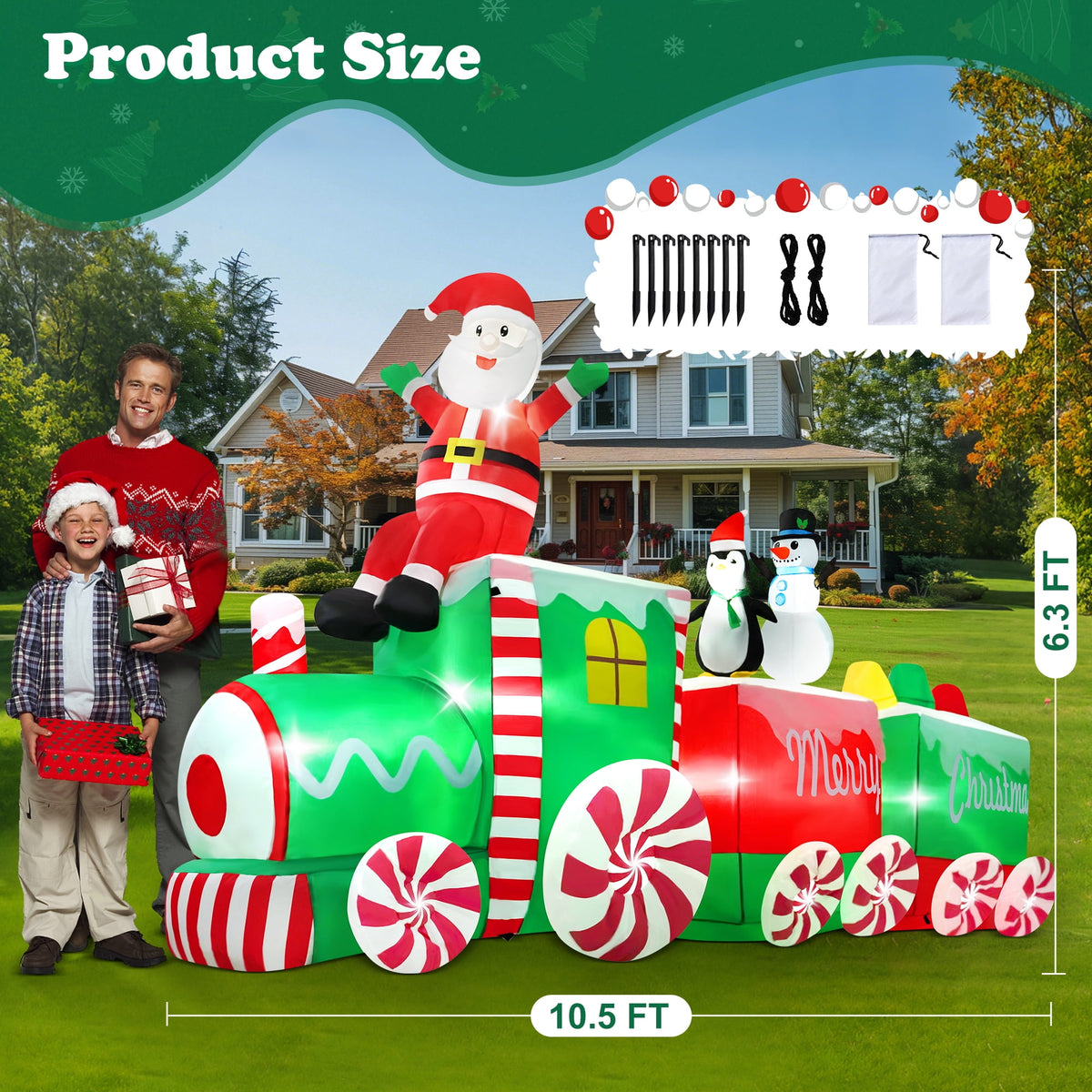 Yexmas 10.5ft Christmas Inflatable Train with Santa Snowman Penguin Dinosaur Corner Outdoor Lights Decorations for Holiday Decorations,Christmas Parties,Yard,Garden and Lawn