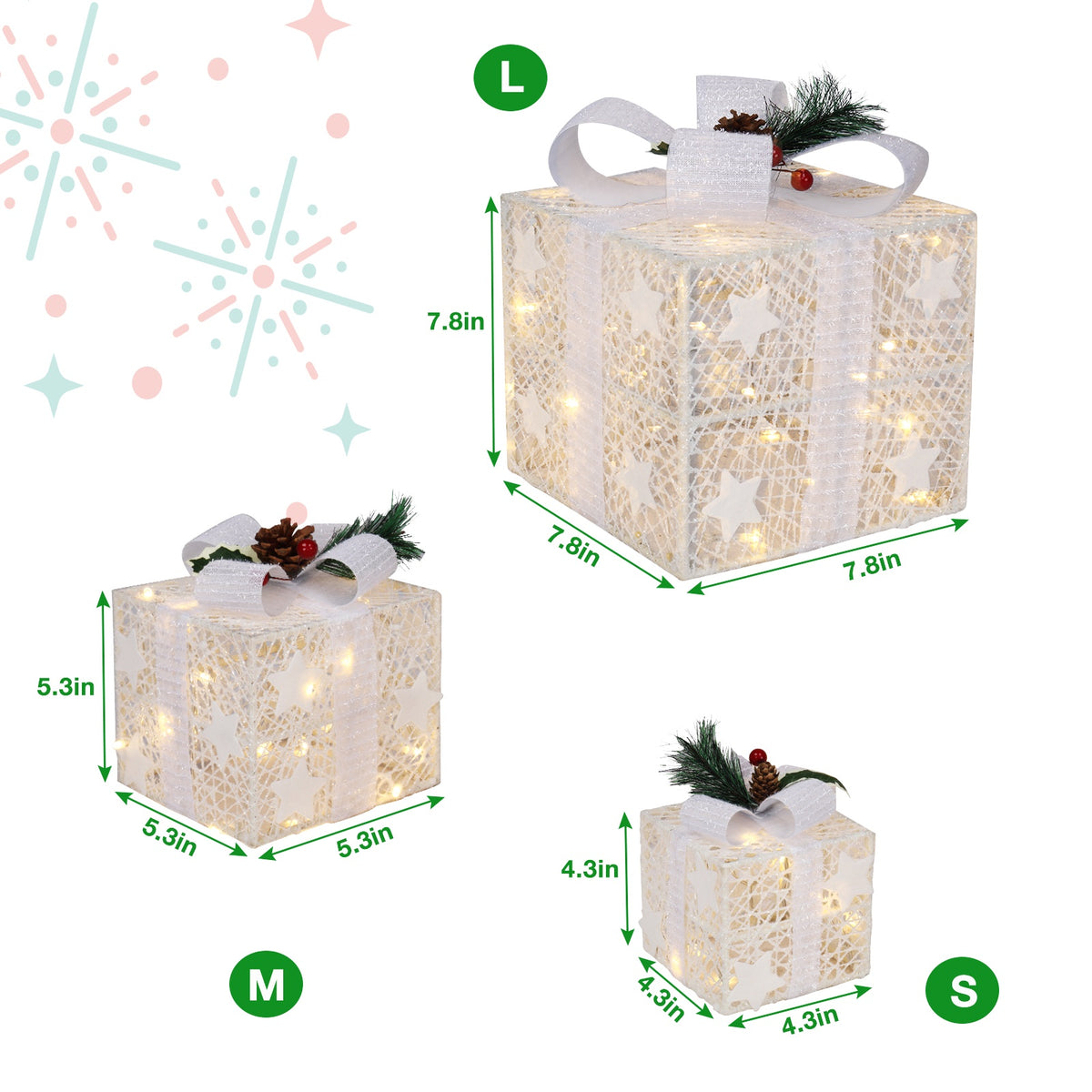 Set of 3 Christmas Lighted Gift Boxes Decorations, Seizeen Indoor Outdoor Xmas Decor with 60 Warm LED Lights, Home Room Garden Christmas Tree Decoration