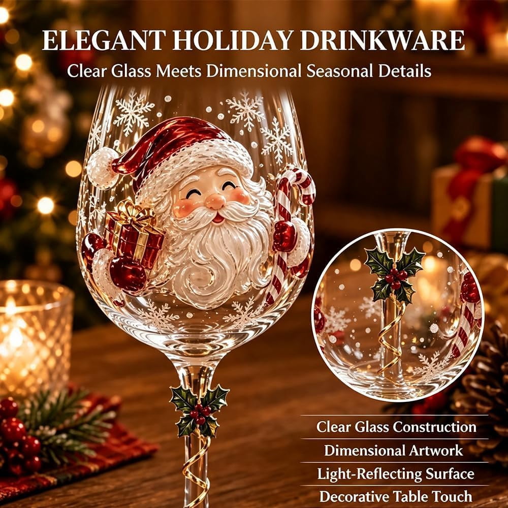 Christmas 3D Wine Glass Collection Gift Box Set, 3D Santa Christmas Wine Glass, Raised Holiday Goblet with Snowflake Decor, Festive Glassware for Wine, Cocktails, Holiday Party & Table Decor