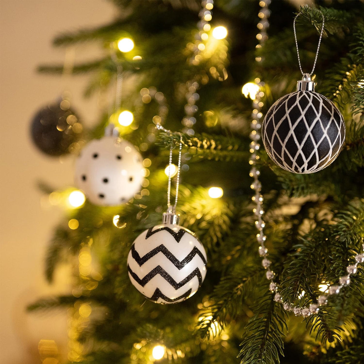 Valery Madelyn Christmas Ornaments Tree Decorations Indoor, 30ct 2.36 Inch Shatterproof Black and White Party Decorative Hanging Ornaments Set for Xmas Holiday Decor