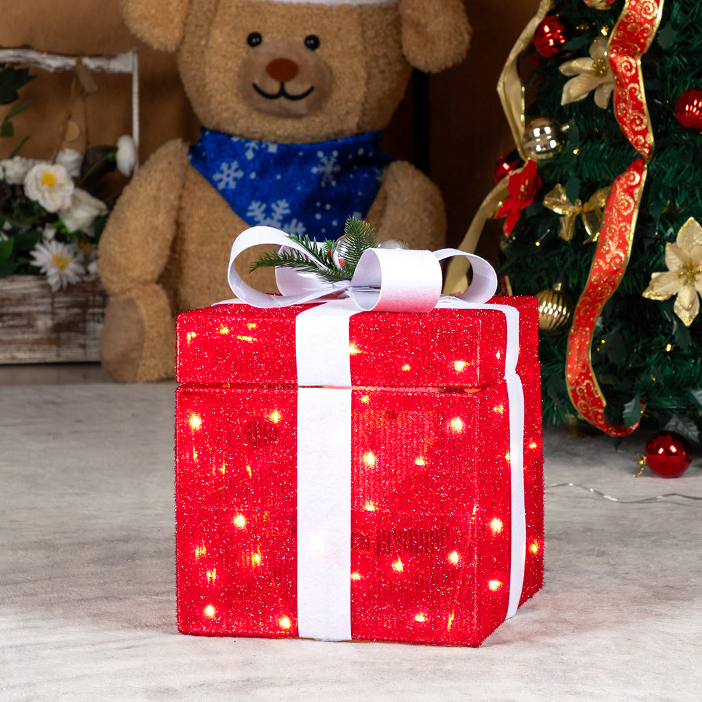 Zimtown LED Christmas Ornament Decor,Lighted Outdoor Holiday Gift Box,Opens and Closes Automatically for Indoor Outdoor Holiday,Red