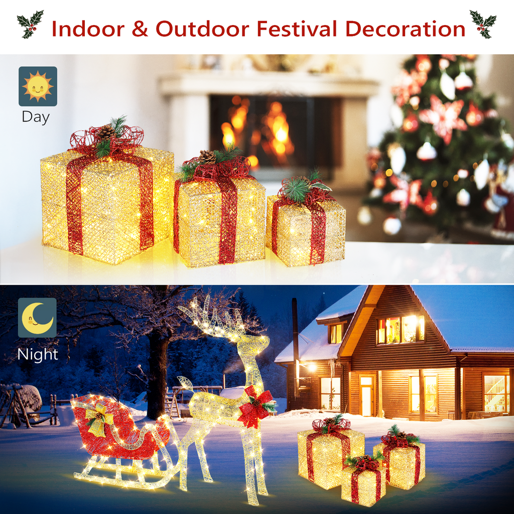 Ktaxon 3pcs Lighted Gift Boxes Decorations Christmas Tree Decor Lighted Gift Boxes Decorations for Garden Yard Home