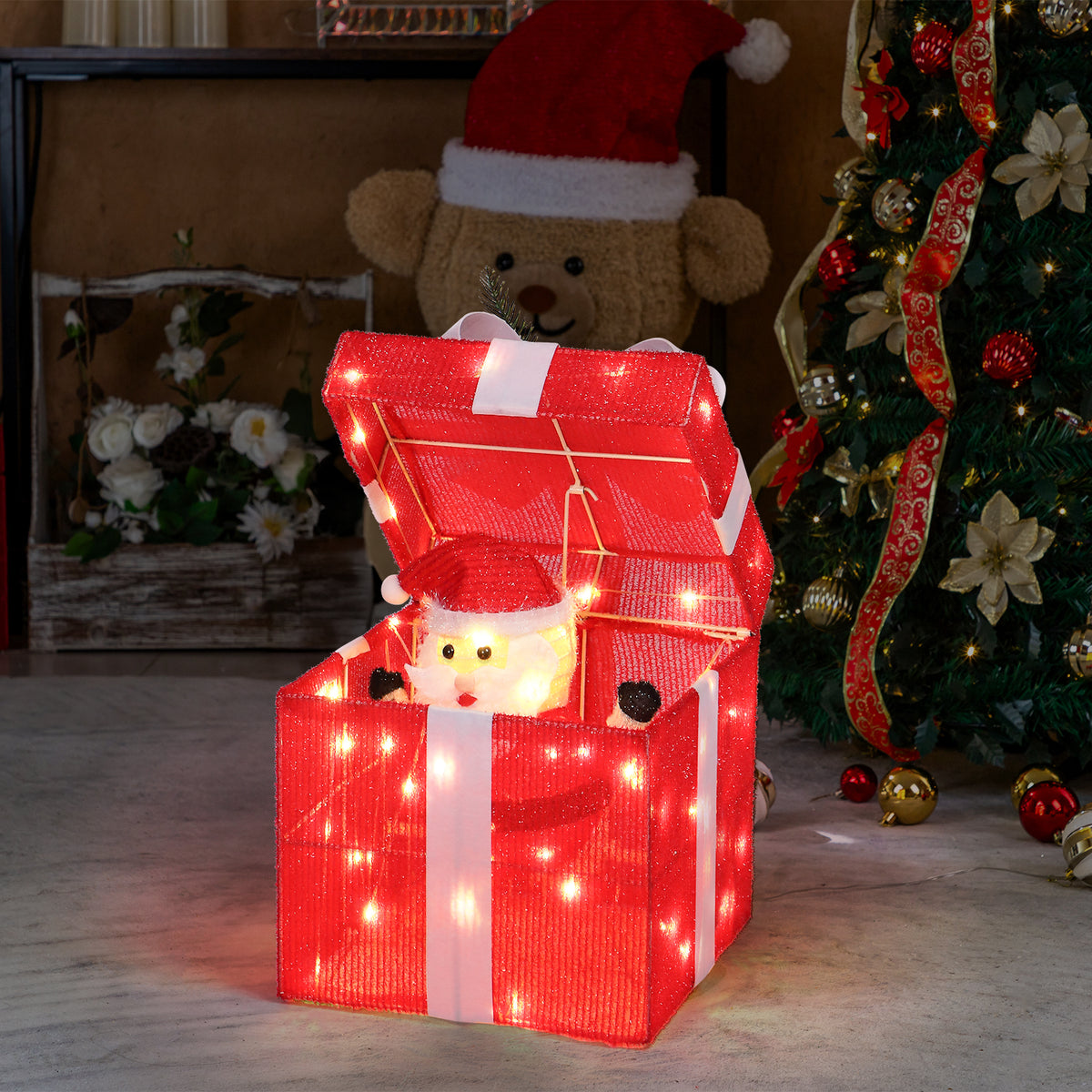Zimtown LED Christmas Ornament Decor,Lighted Outdoor Holiday Gift Box,Opens and Closes Automatically for Indoor Outdoor Holiday,Red