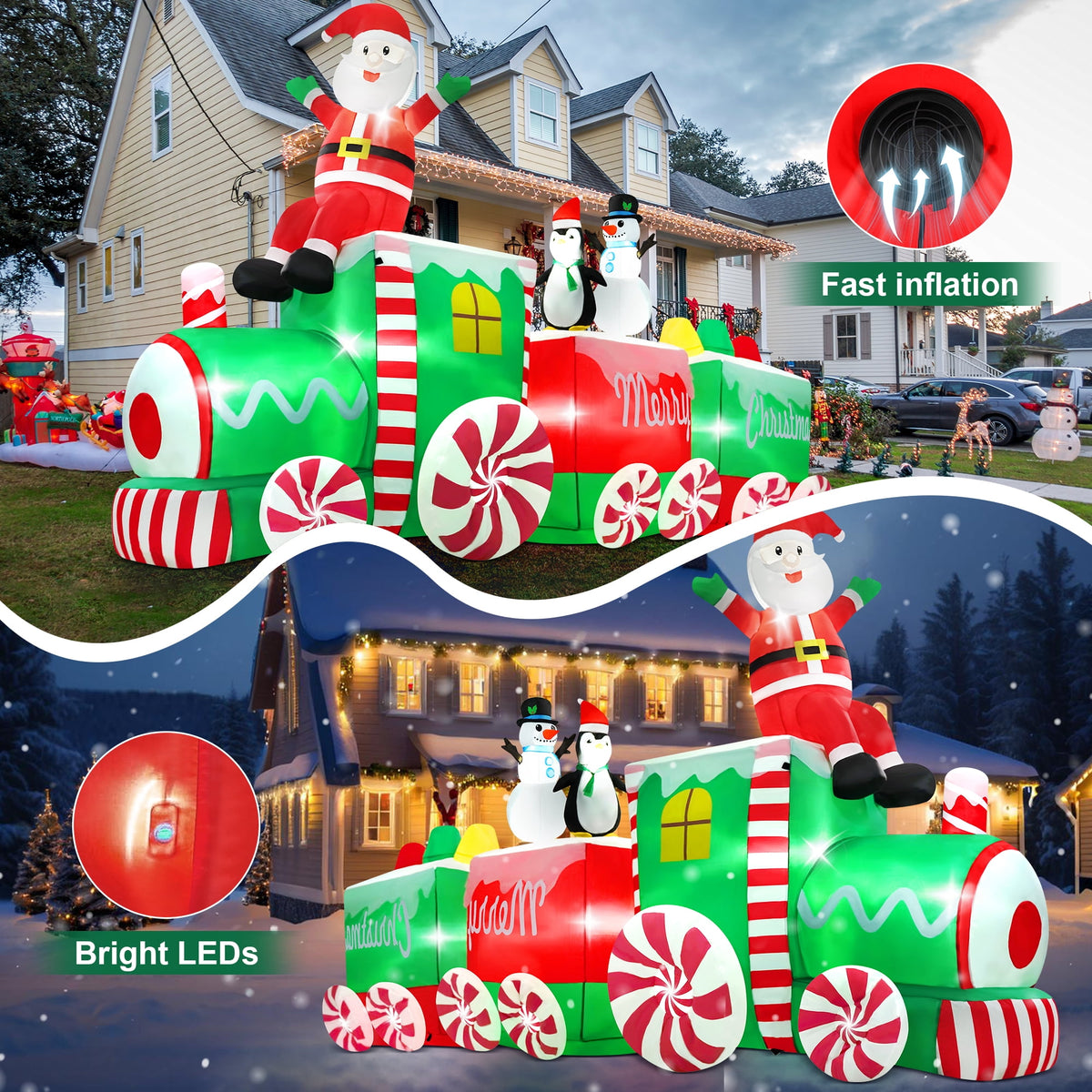 Yexmas 10.5ft Christmas Inflatable Train with Santa Snowman Penguin Dinosaur Corner Outdoor Lights Decorations for Holiday Decorations,Christmas Parties,Yard,Garden and Lawn