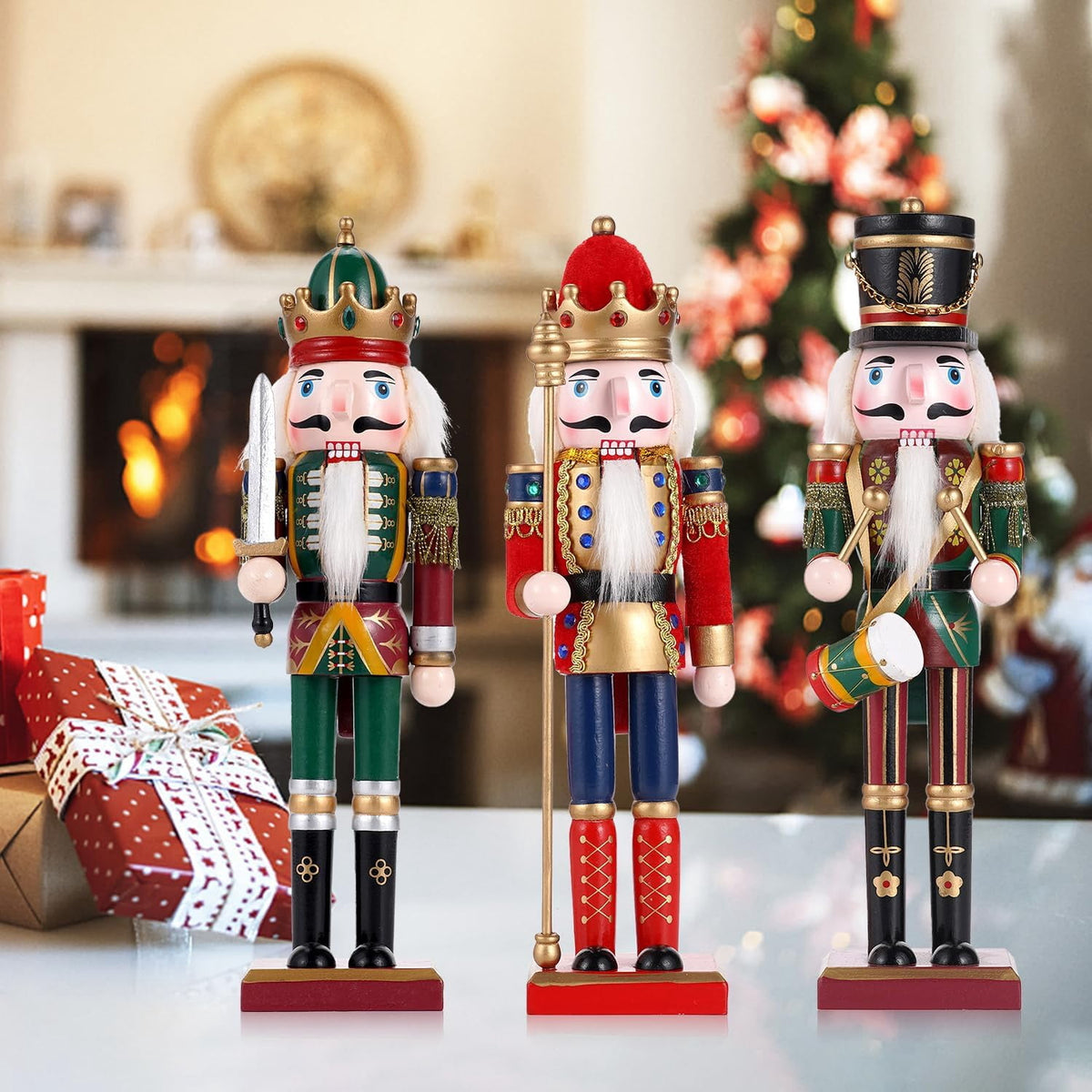 TJT 3Pcs Nutcracker Decorations Set, Wooden Nutcracker Soldier Christmas Ornaments Collectible Xmas Figures Decor Gift Indoor, 12 inch, Green Red