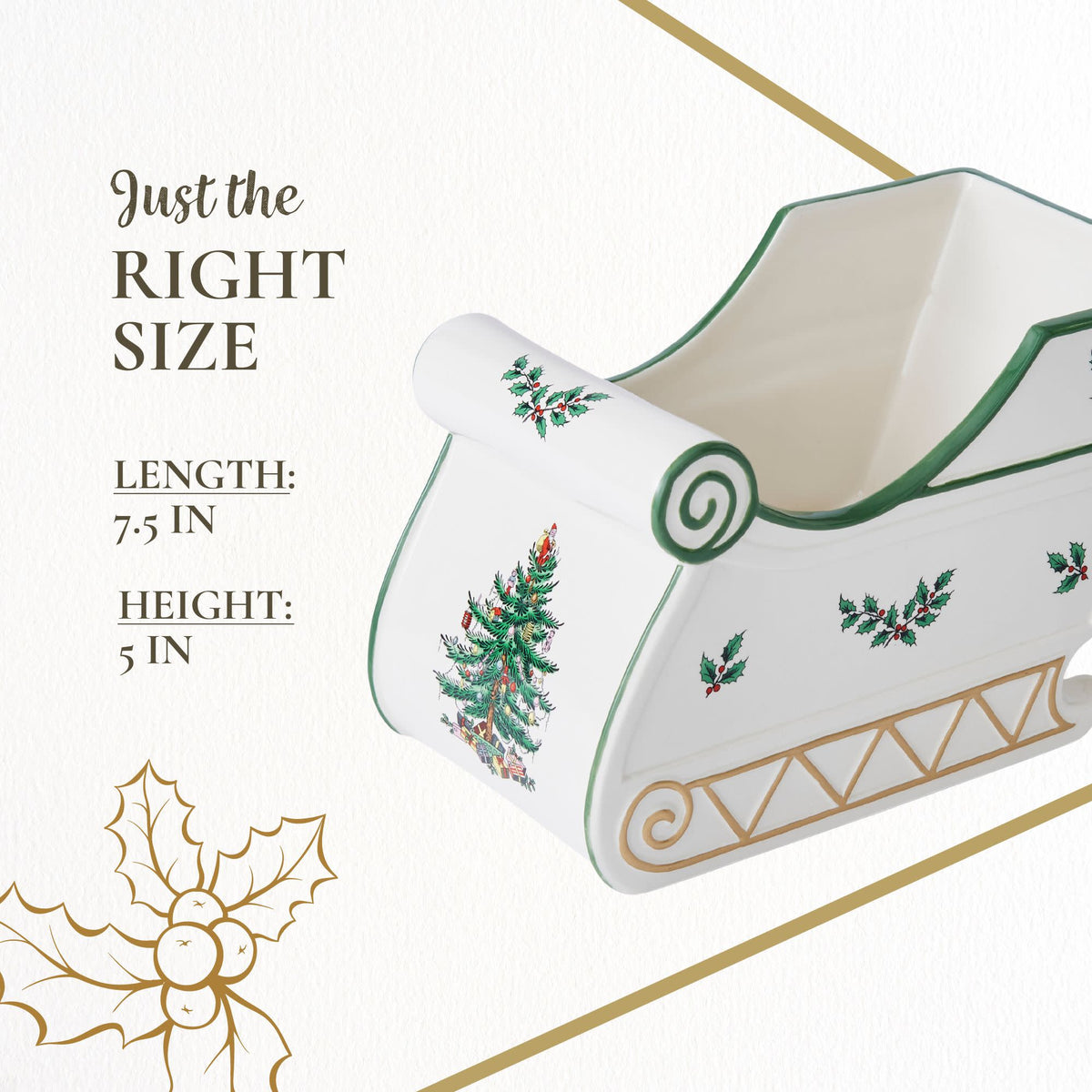 Spode Christmas Tree Figural Sleigh, 7.5" Dolomite Decorative Holiday Sleigh for Christmas Table Decor, Candy Holder, Snack Dish - Holiday Serveware & Festive Christmas Decorations