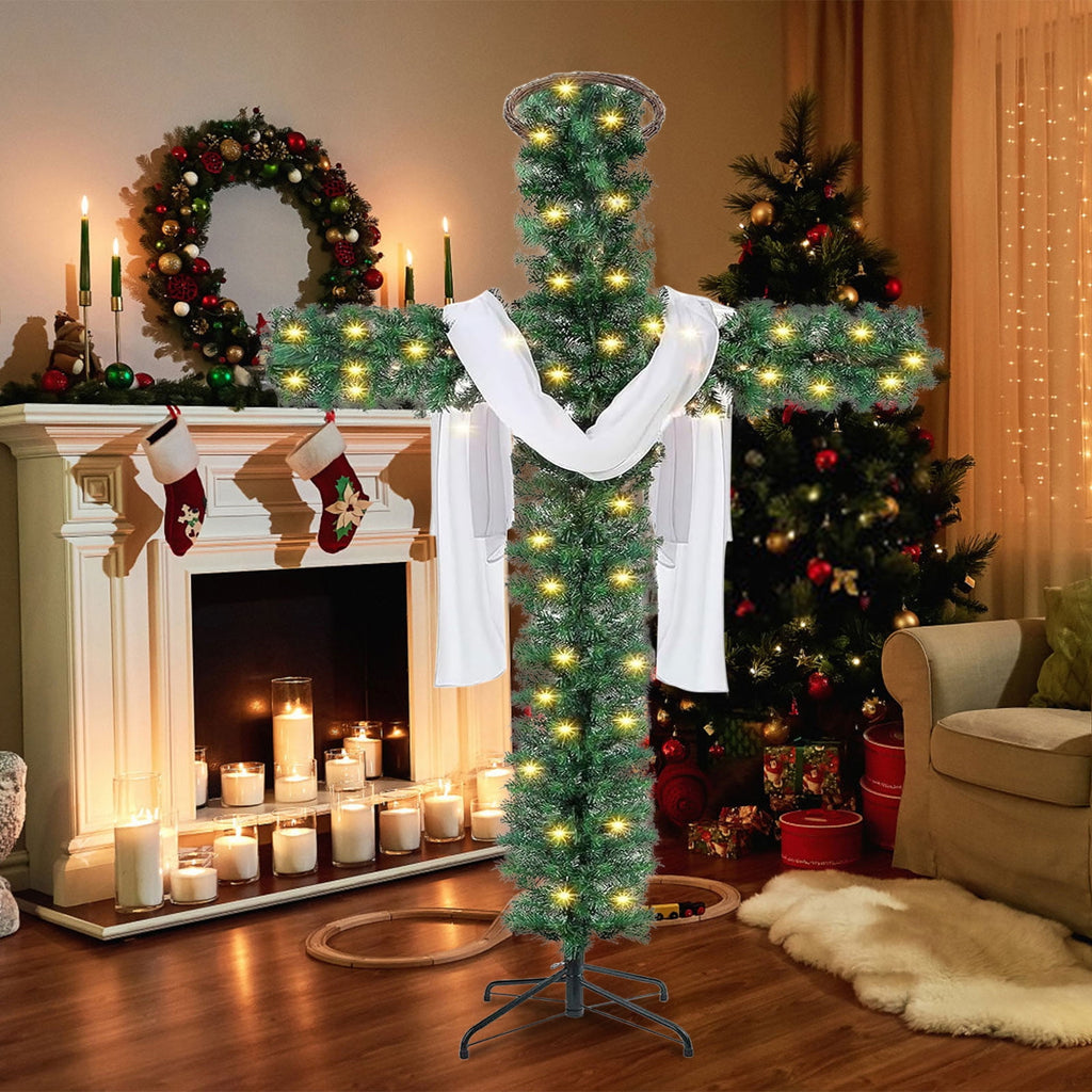 6Ft Cross Christmas Tree,Foldable Cross Christmas Tree,Christmas Tree Shaped Like a Cross,Pre-Lit Artificial Pine Christmas Cross,with 50 LED Light and Silk Scarf Wood Rattan Ring