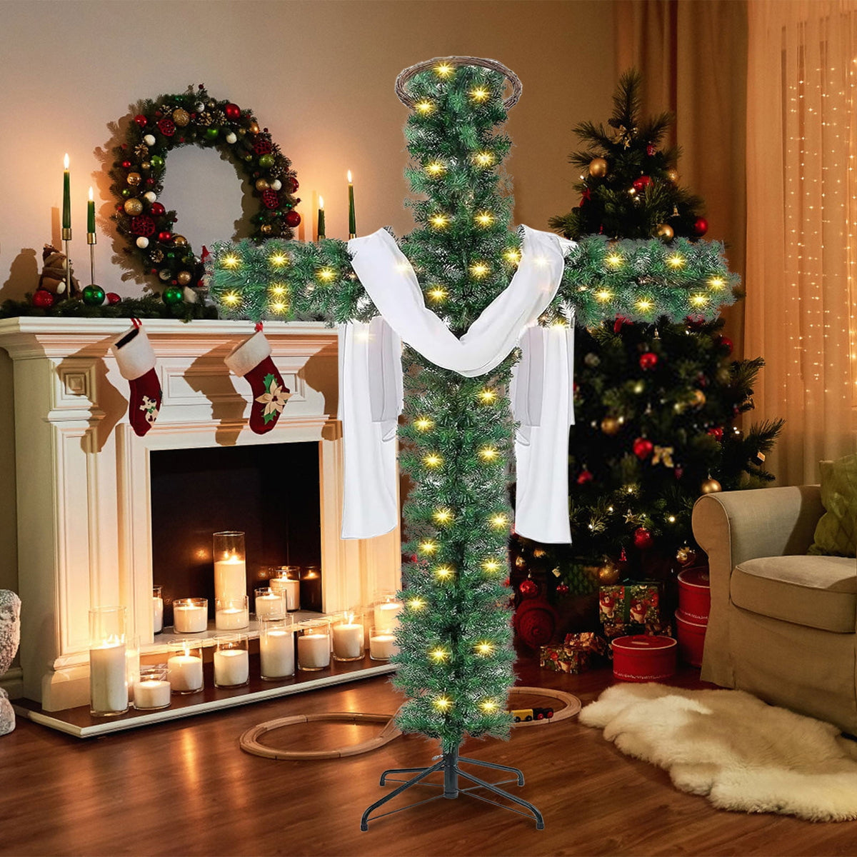  6Ft Cross Christmas Tree,Foldable Cross Christmas Tree,Christmas Tree Shaped Like a Cross,Pre-Lit Artificial Pine Christmas Cross,with 50 LED Light and Silk Scarf Wood Rattan Ring