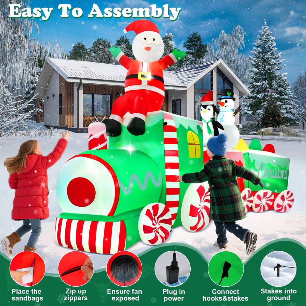 Yexmas 10.5ft Christmas Inflatable Train with Santa Snowman Penguin Dinosaur Corner Outdoor Lights Decorations for Holiday Decorations,Christmas Parties,Yard,Garden and Lawn