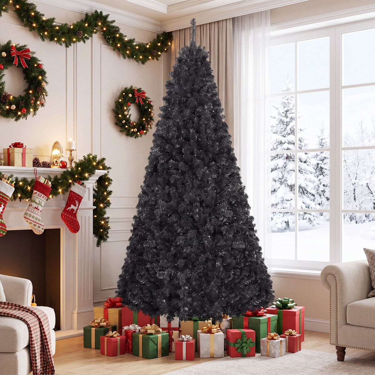 Costway 7 ft Pre-Lit Decoration Tree for Christmas Halloween Hinged Black
