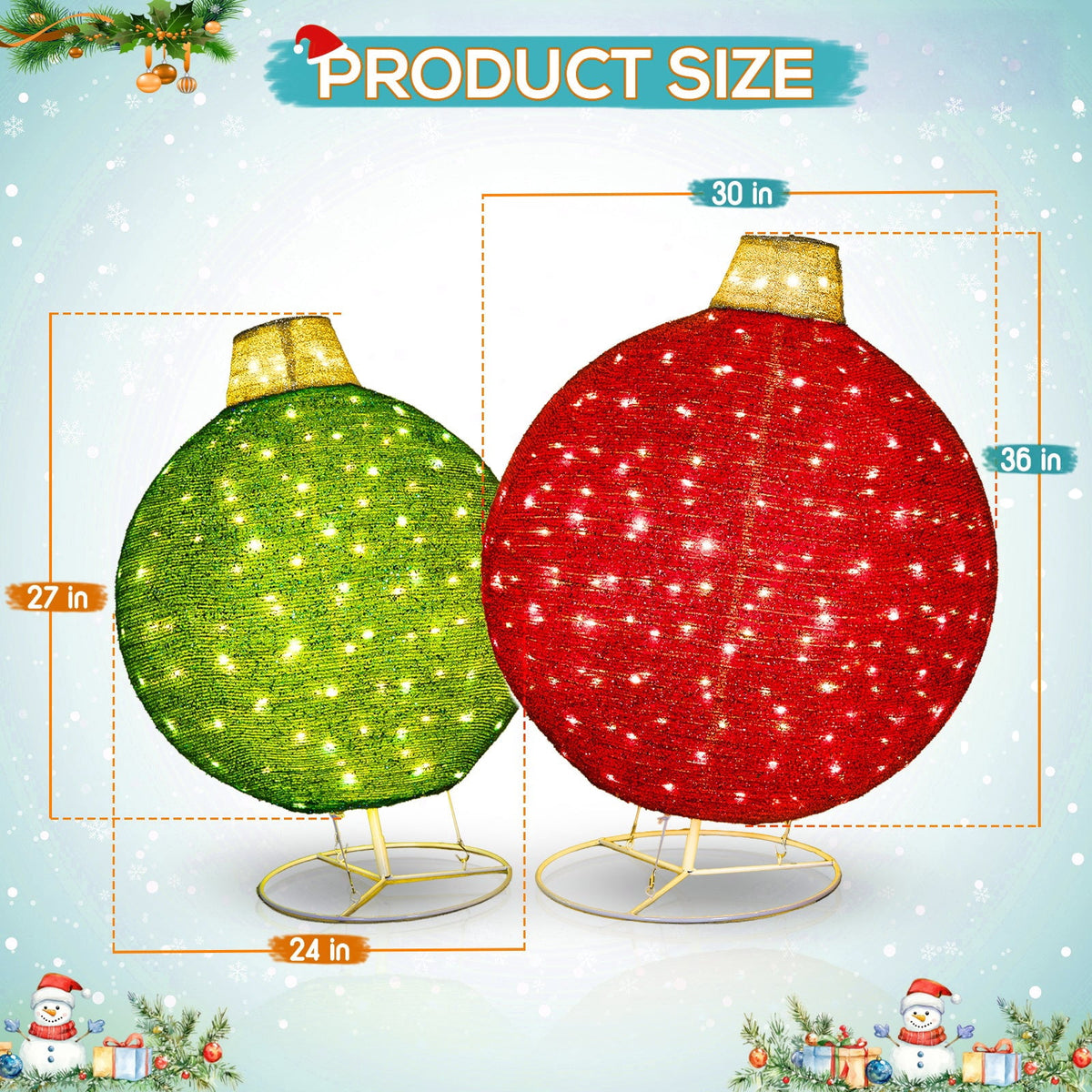 Vivatrees 2 Piece Christmas Ornament Decoration Iron Pop-up Hanging w/230 LED Light Assorted Colors for Xmas Outdoor Holiday - 30" & 24" Set