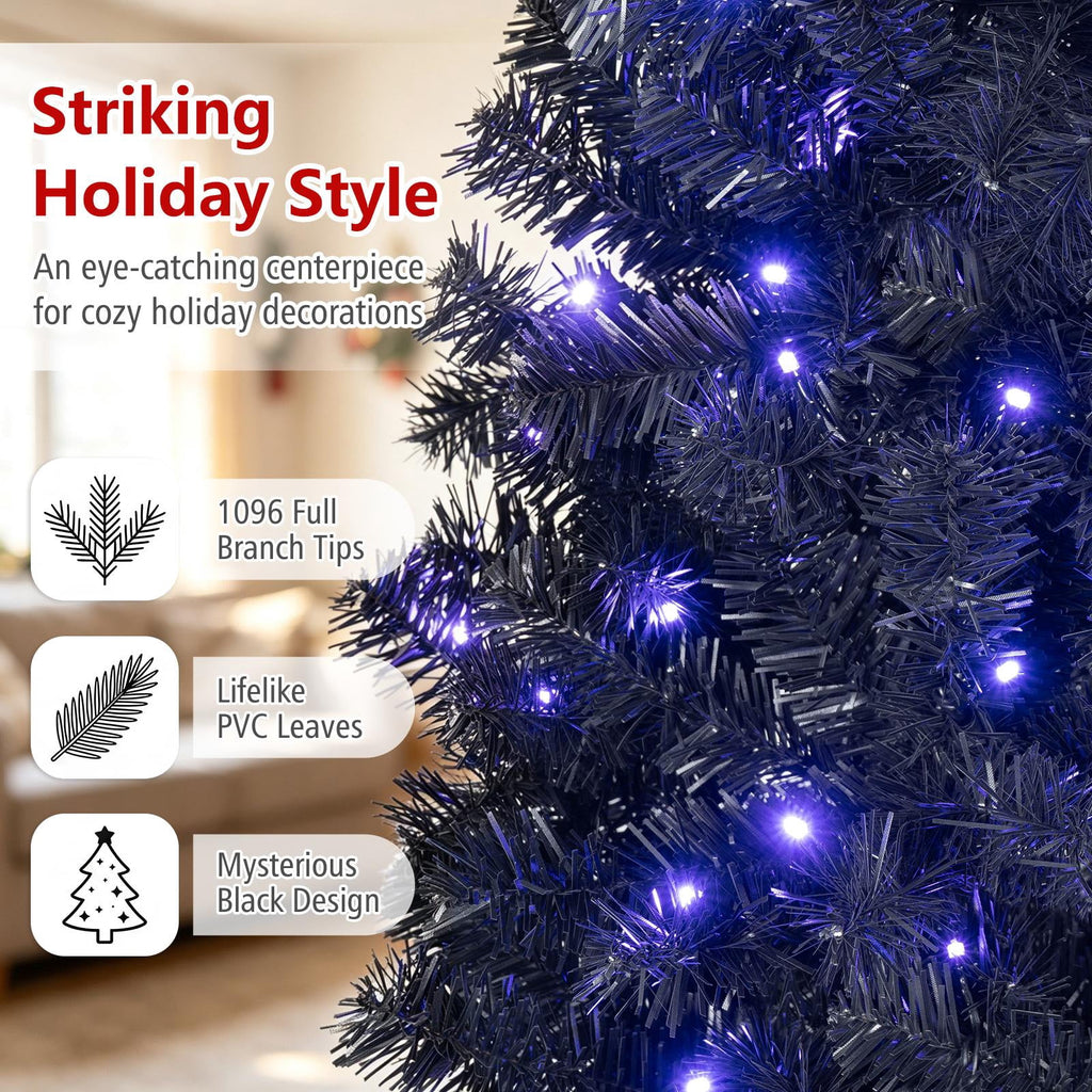 Costway 7 ft Pre-Lit Decoration Tree for Christmas Halloween Hinged Black