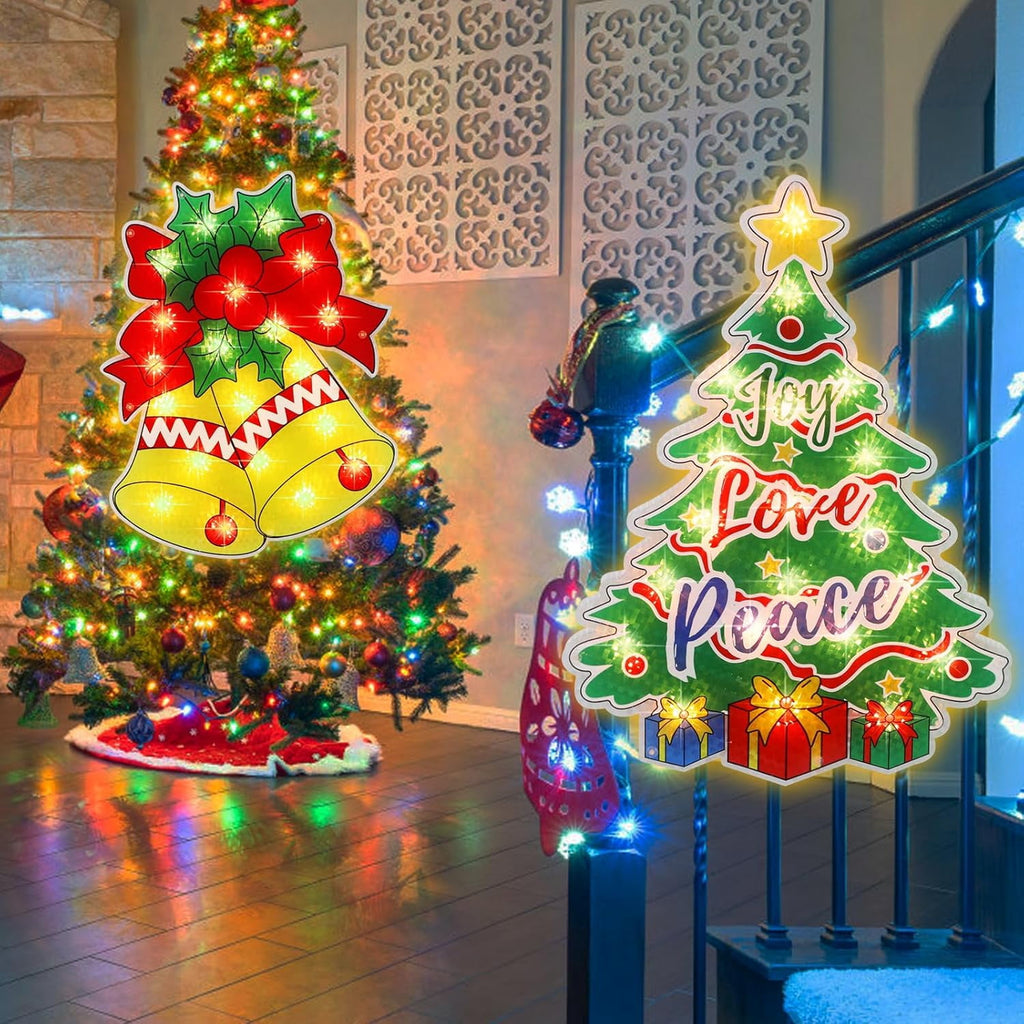 2 Pack Lighted Christmas Tree and Bells Christmas Window Silhouette Lights Decorations,Window Sculpture Decoration for Christmas,Party,Home,Patio Lawn,Garden