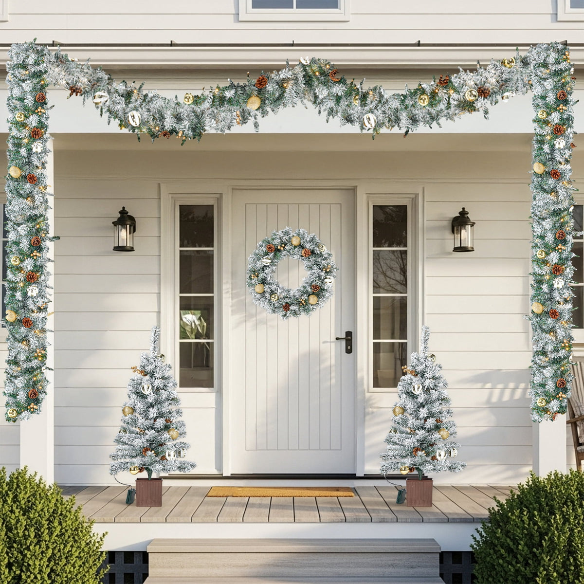 Pre-Lit Christmas Tree Decorations Set, 4 Pcs Indoor Outdoor Christmas Decorations W/ 2 Lighted Christmas Trees Wreath Garland, Artificial Christmas Xmas Decorations with 10 Light Modes, Dark Green