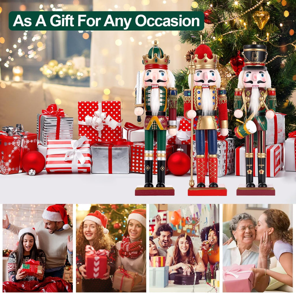 TJT 3Pcs Nutcracker Decorations Set, Wooden Nutcracker Soldier Christmas Ornaments Collectible Xmas Figures Decor Gift Indoor, 12 inch, Green Red