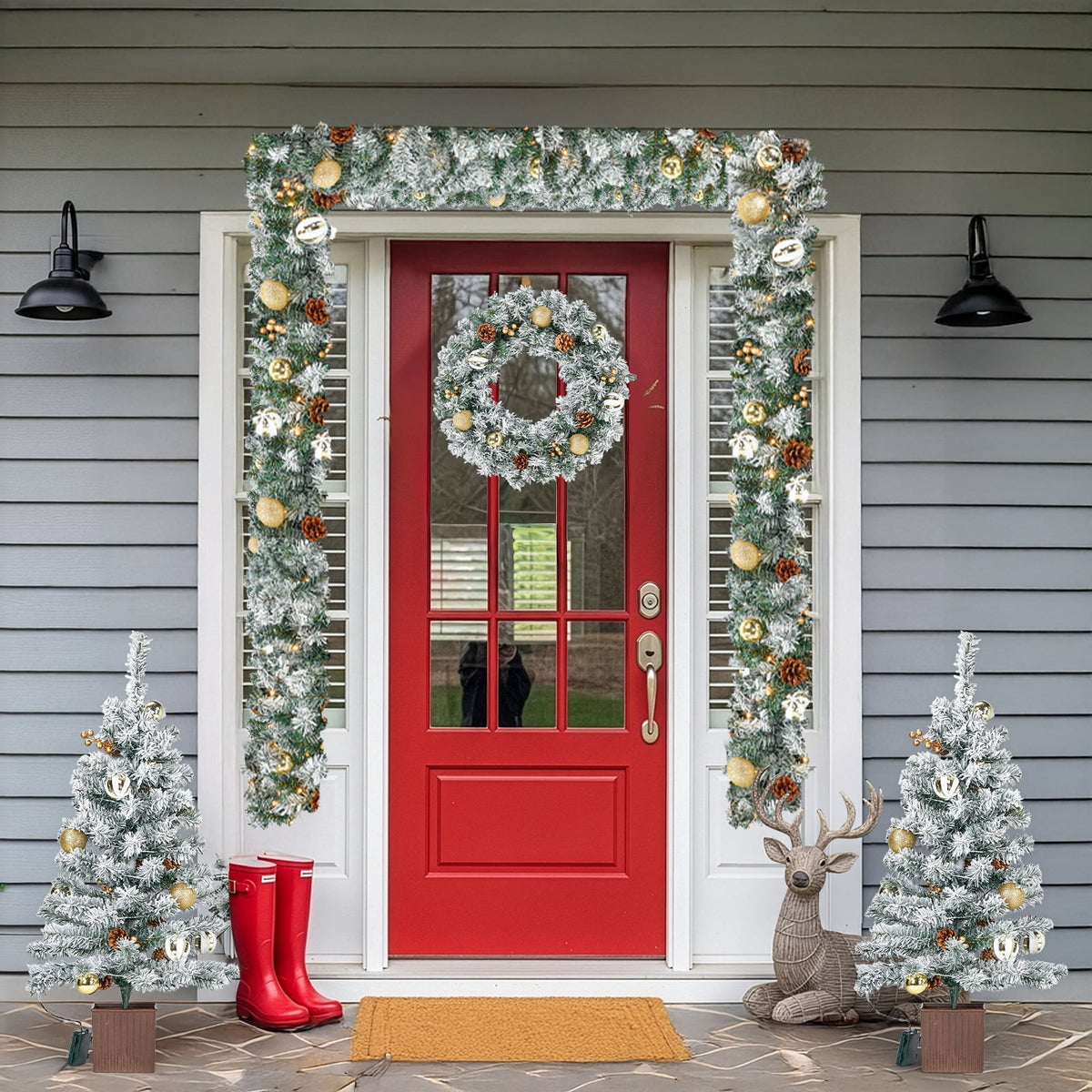 Pre-Lit Christmas Tree Decorations Set, 4 Pcs Indoor Outdoor Christmas Decorations W/ 2 Lighted Christmas Trees Wreath Garland, Artificial Christmas Xmas Decorations with 10 Light Modes, Dark Green