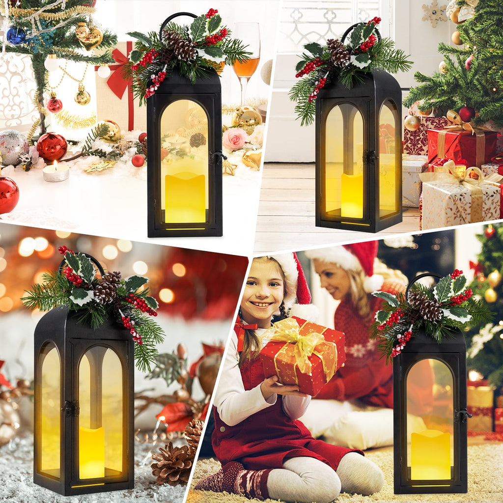 Christmas Decorative Lantern with LED Flameless Candle & Holiday Greenery,Black Metal Lantern with LED Candle Lit Decorations,Christmas Decor