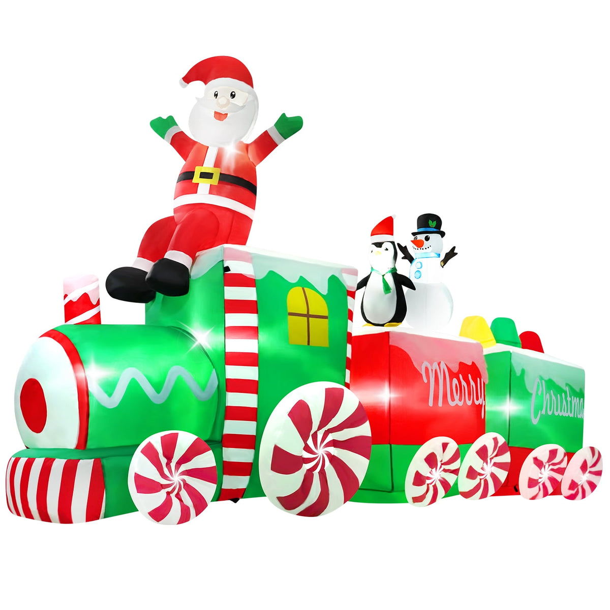 Yexmas 10.5ft Christmas Inflatable Train with Santa Snowman Penguin Dinosaur Corner Outdoor Lights Decorations for Holiday Decorations,Christmas Parties,Yard,Garden and Lawn