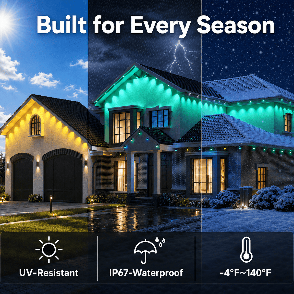 GUPUP 100ft Permanent Outdoor Lights for House, 50 RGB Waterproof LED String Lights, Remote/APP Control Eave Lights for Roof Patio Party Decor