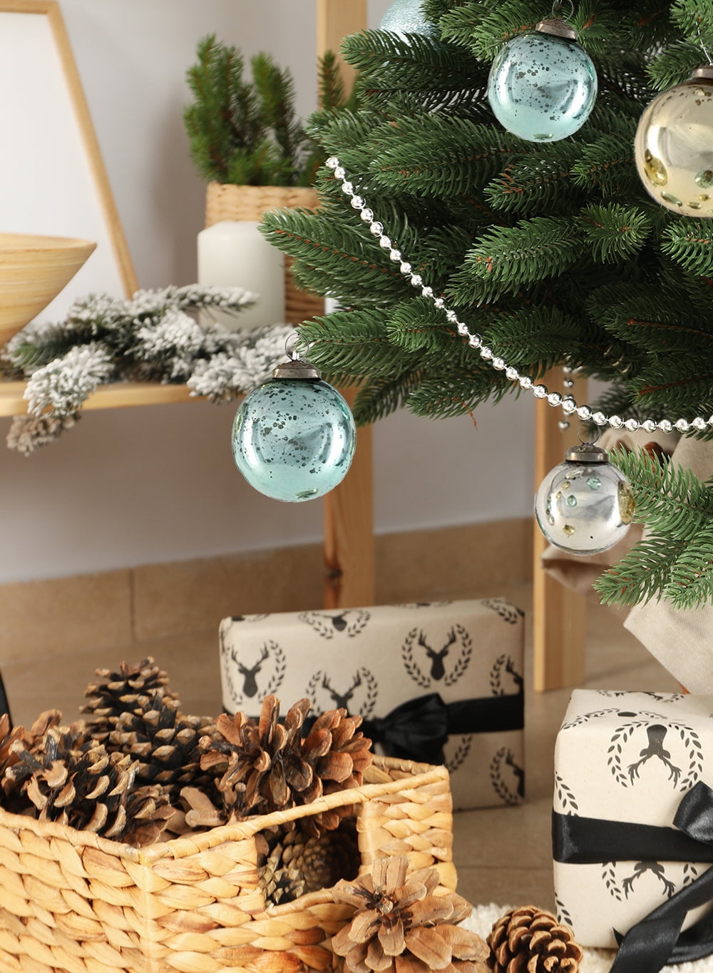 Serene Spaces Living Vintage Style Gold, Blue & Silver Glass Ball Ornaments, Set of 12