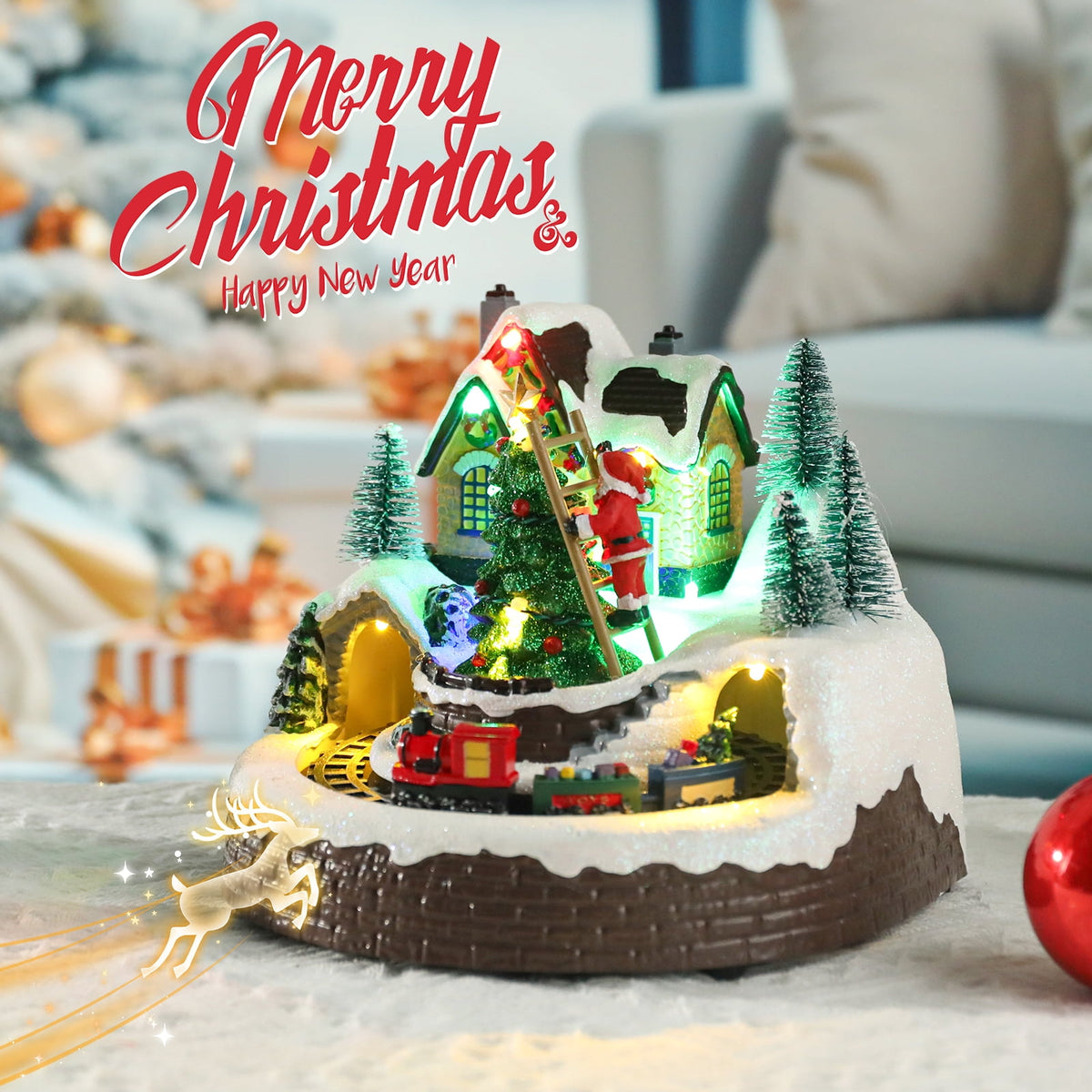 WONDER GARDEN Christmas Village Houses Collectible Buildings - Moving Train Around The Christmas Tree,Warm Light Musical Christmas Ornaments for Christmas Holiday Decorations