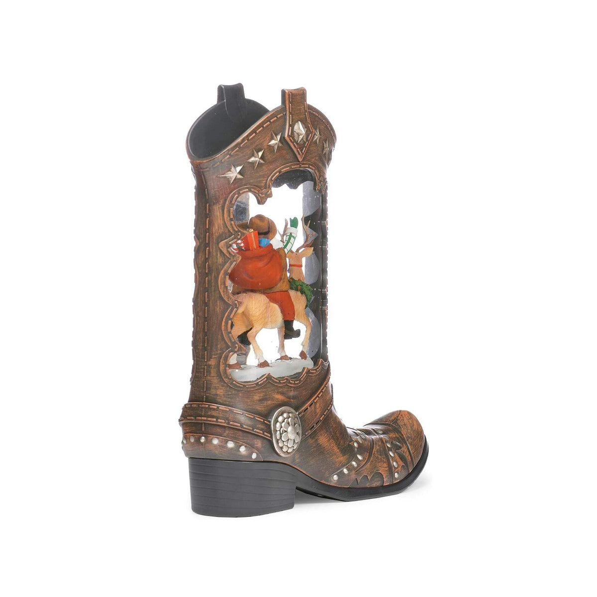 Roman 10 Inch H Lighted Swirl Boot Santa Riding Deer, Christmas Decoration