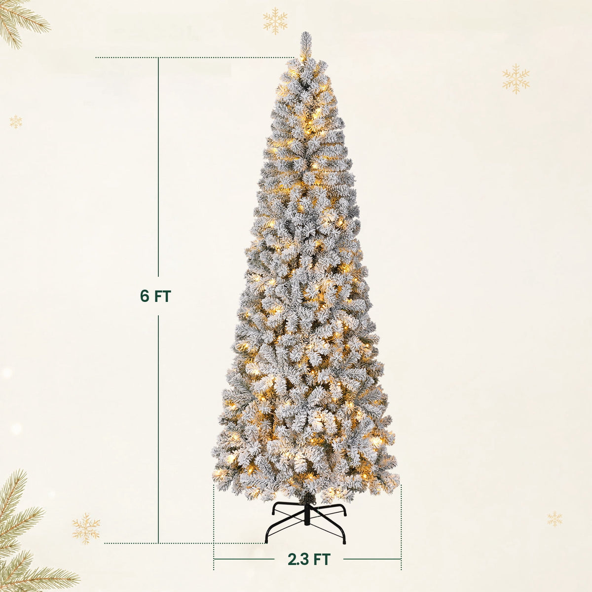 FUNDAZE 6FT Pre-Lit Snow Flocked Slim Artificial Christmas Tree, 550 Tips, 200 Dual-Color LED Lights & 11 Modes for Home, Party & Garden