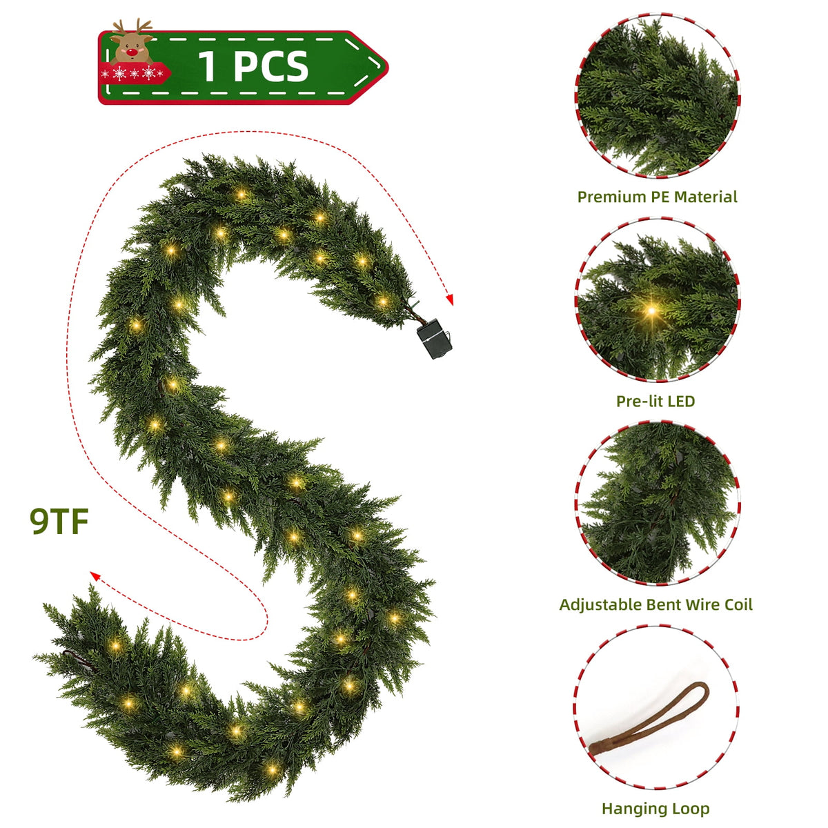 9ft Artificial Cedar Garland with Lights, Norfolk Pine Christmas Garland for Holiday Winter Mantle, Wall, Fireplace, Staircase Indoor Outdoor Decor