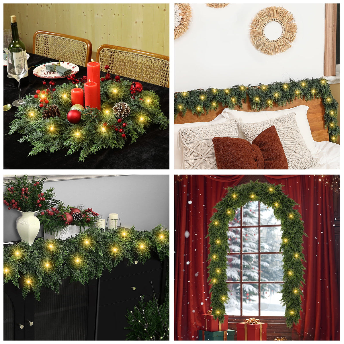 9ft Artificial Cedar Garland with Lights, Norfolk Pine Christmas Garland for Holiday Winter Mantle, Wall, Fireplace, Staircase Indoor Outdoor Decor