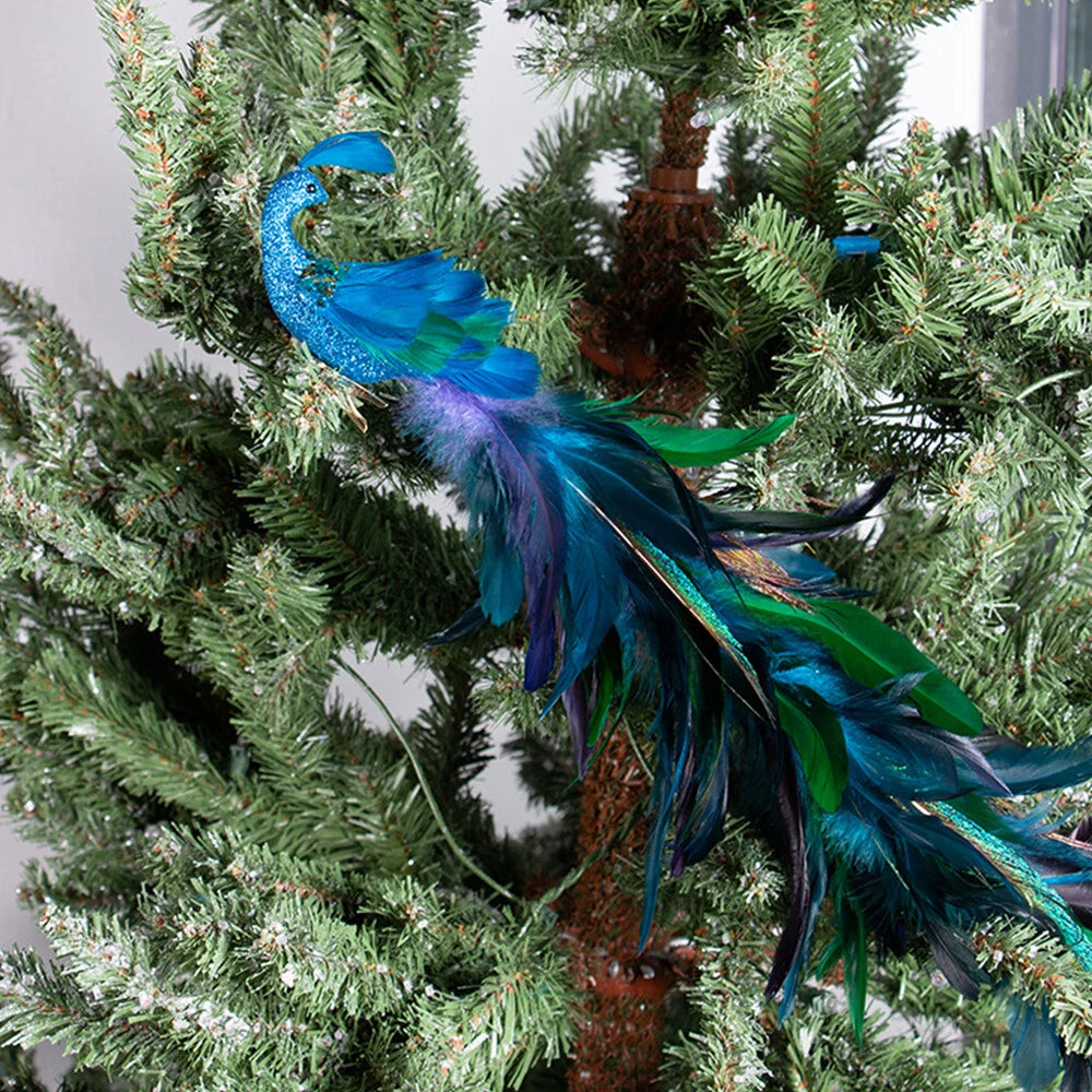 TOPCHANCES Glitter Peacock Ornaments with Clips, 19" Blue Christmas Tree Decoration Xmas Ornament Home Party Decor (8 Pack)