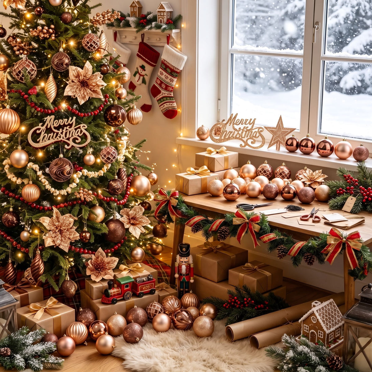  95 Pcs Christmas Tree Ornaments Set, Christmas Poinsettia Flowers Shatterproof Clear Plastic Baubles with Light for Home Holiday Wedding Party Xmas Tree Decor, Brown