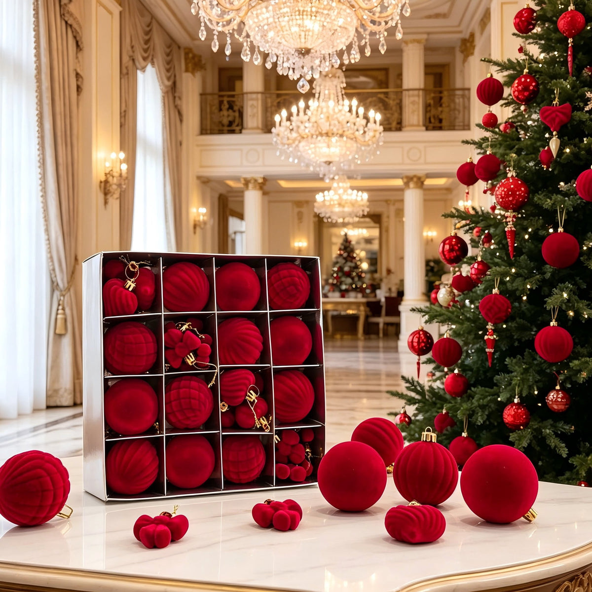 Sddec 32PCS Christmas Balls Ornaments, Dark Red Flocked Fabric, Hanging Strings, 5 styles, for Xmas Tree Wedding Holiday Party Home Decor