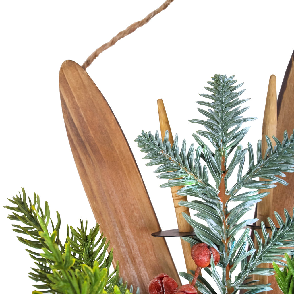 National Tree Company Christmas Wall Decoration, Brown, Wooden, Holiday Skis, Red Berries, Evergreen Tips, Pine Cones with Linen Bow, 17 Inch