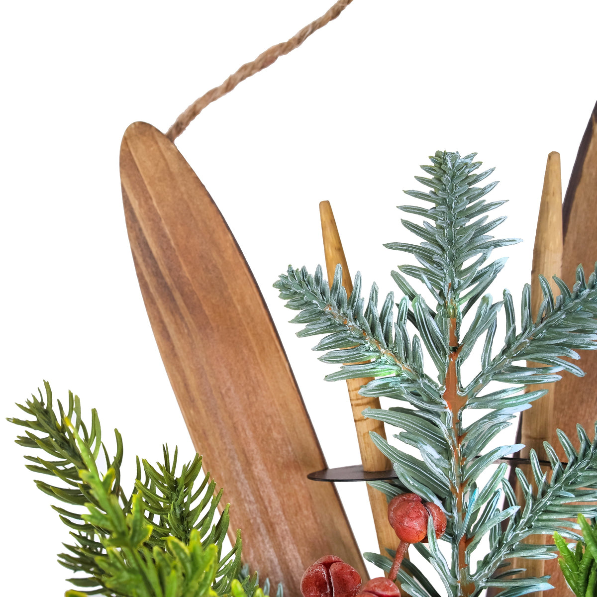 National Tree Company Christmas Wall Decoration, Brown, Wooden, Holiday Skis, Red Berries, Evergreen Tips, Pine Cones with Linen Bow, 17 Inch