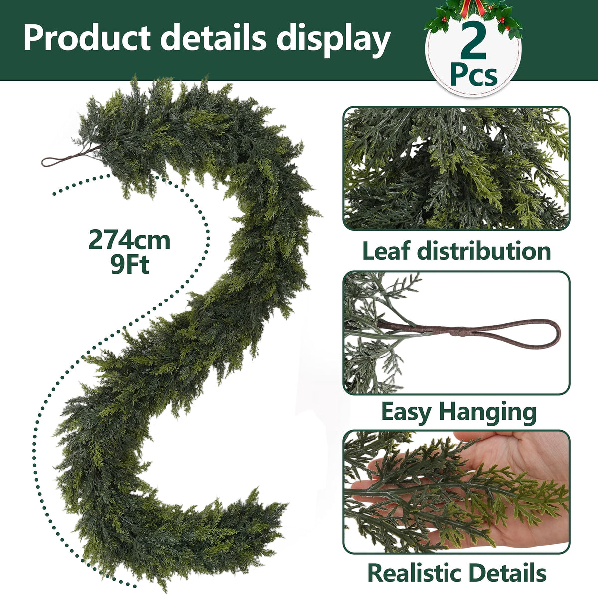 -2Pcs 9 FT Artificial Cedar Garlands, Real Touch Winter Cedar Pine Garland, Green Artificial Greenery Garland for Table, Mantle, Wall, Indoor, Outdoor Christmas Decorations