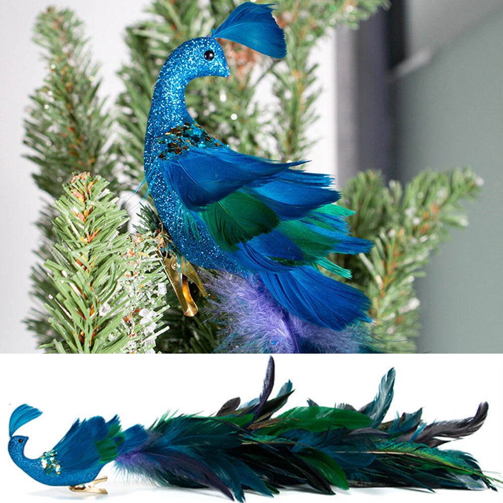 TOPCHANCES Glitter Peacock Ornaments with Clips, 19" Blue Christmas Tree Decoration Xmas Ornament Home Party Decor (8 Pack)