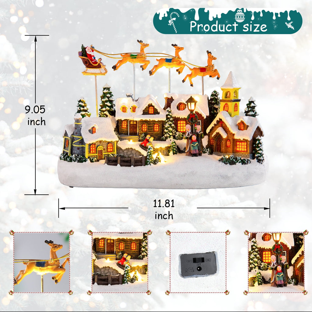 Christmas Village Decor with Rotating Santa & Reindeer,LED Lighting House Crafts Decoration for Home Holiday Christmas Decoration