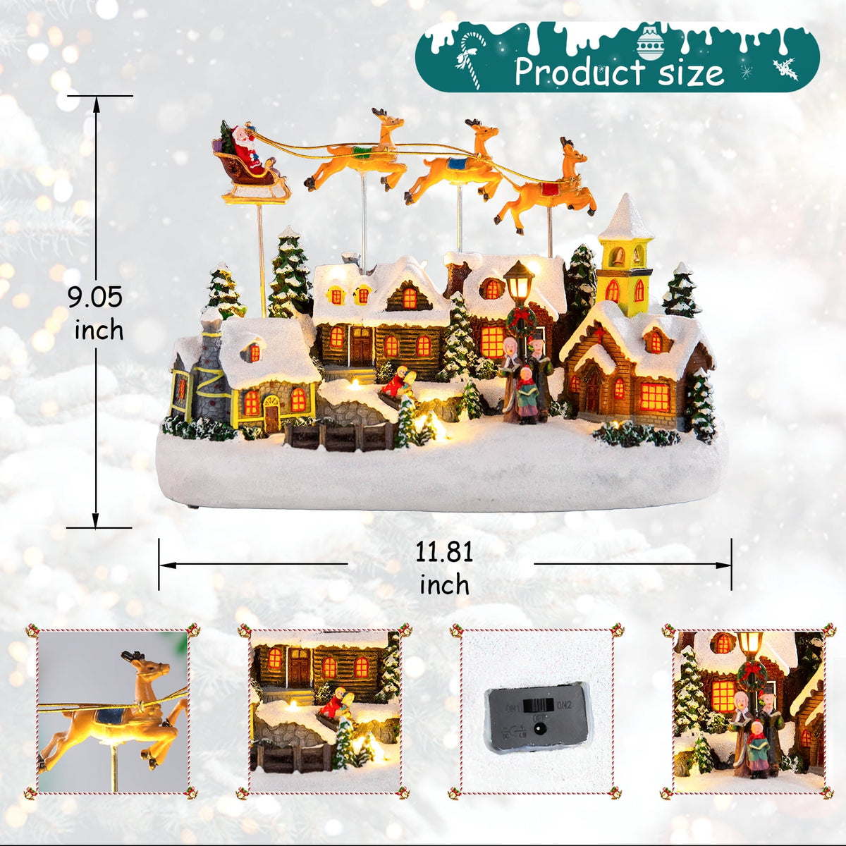 Christmas Village Decor with Rotating Santa & Reindeer,LED Lighting House Crafts Decoration for Home Holiday Christmas Decoration